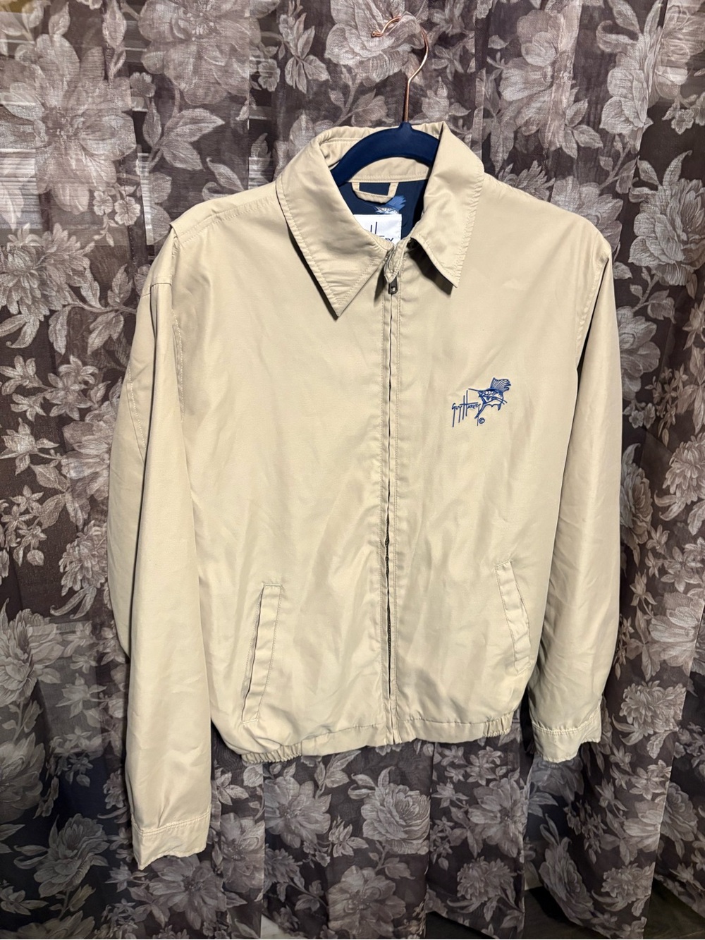 Guy Harvey Lightweight Tan Zip-Front Shirt Jacket with Embroidered Marlin